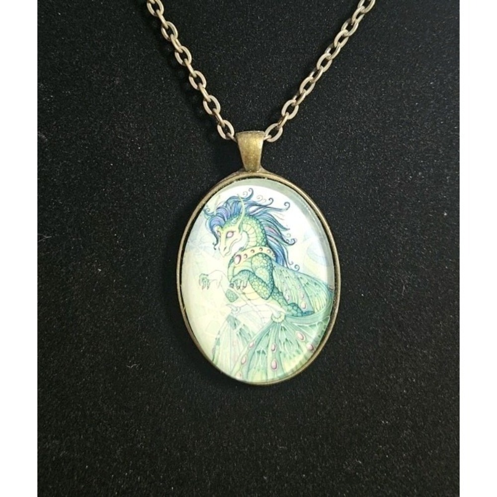 Whimsical Fairycore Kirin Dragon Cameo Cabochon Bronze Pendant Necklace 13 In